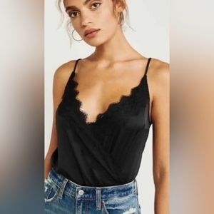 Abercrombie & Fitch, V-neck cross front Lace Trim bodysuit, XS, Black